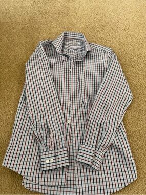 thomas mason Men's Light Blue Checked Dress Shirt with Red and Navy Windowpane
